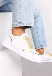 Biało-Złote Sneakersy z Kolorowymi Sznurówkami i Metalicznymi Wstawkami Lania. Białe obuwie sportowe damskie Renee, bez zapięcia. Za 69.99 zł.
