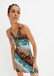 Sukienka z dżerseju w fasonie o linii litery A. Niebieskie sukienki damskie bonprix, z aplikacjami, z dżerseju, eleganckie, bez ramiączek. Za 134.99 zł.
