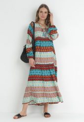 Niebiesko-Czerwona Rozkloszowana Sukienka w Fantazyjny Print Kylene. Niebieskie sukienki damskie Born2be, z aplikacjami, z tkaniny, bez ramiączek. W wyprzedaży za 118.99 zł.