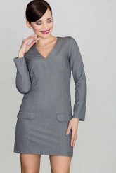 Prosta Szara Sukienka z Ozdobnymi Patkami z Długim Rękawem. Szare sukienki damskie Katrus, bez wzorów, z materiału, bez ramiączek. Za 249.00 zł.
