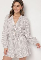 Biały Bawełniany Kombinezon w Paseczki z Wiązaniem Oviare. Białe sukienki damskie Born2be, bez wzorów, z bawełny, eleganckie, bez ramiączek. Za 209.99 zł.