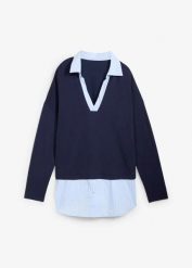 Sweter z cienkiej dzianiny z koszulową wstawką. Niebieskie swetry klasyczne damskie bonprix, z dzianiny, bez kołnierzyka. Za 99.99 zł.