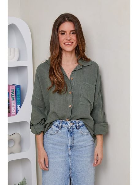 Rodier Lin Lniana koszula w kolorze khaki rozmiar: L/XL. Brązowe koszule damskie Rodier Lin, l, bez wzorów, ze lnu, bez kołnierzyka, bez ramiączek. Za 139.87 zł.