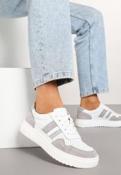 Biało-Szare Płaskie Sneakersy ze Skóry Naturalnej Ozdobione Paskami i Perforacją Floriwa. Białe obuwie sportowe damskie Renee, z jeansu, bez zapięcia. Za 159.99 zł.
