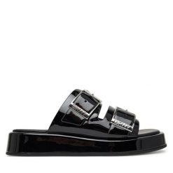 Klapki DKNY. Czarne klapki damskie DKNY, bez wzorów, bez obcasa, bez zapięcia. Za 569.99 zł.