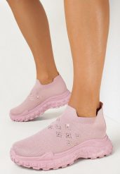 Różowe Wsuwane Buty Sportowe z Cyrkoniami na Grubej Podeszwie Adisyna. Czerwone obuwie sportowe casual damskie Born2be. Za 64.99 zł.