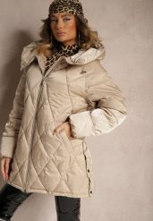 Jasnobeżowa Kurtka Pikowana z Kapturem i Rozcięciami Zapinanymi na Napy Etarenea. Brązowe kurtki damskie Renee, plus size, z aplikacjami, z jeansu, z kapturem. Za 289.99 zł.
