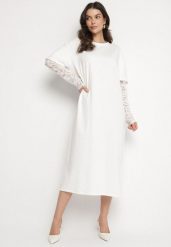 Jasnobeżowa Bawełniana Sukienka T-shirt z Rozcięciami i Koronkowymi Rękawami Fenisia. Brązowe sukienki damskie Born2be, bez wzorów, z bawełny, eleganckie, bez ramiączek. Za 109.99 zł.