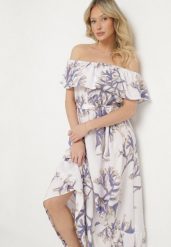 Niebiesko-Biała Sukienka Hiszpanka o Rozkloszowanym Kroju z Wiązanym Paskiem Sesiniela. Niebieskie sukienki damskie Born2be, bez wzorów, eleganckie, bez ramiączek. Za 89.99 zł.