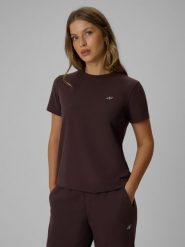 4F T-shirt regular gładki damski - brązowy XL. Brązowe t-shirty damskie 4F, uniwersalny, bez wzorów, z bawełny, bez kołnierzyka. Za 49.99 zł.