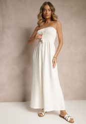 Jasnobeżowy Kombinezon Bandeau z Szeroką Nogawką Zdobiony Frędzlami Dovaira. Brązowe sukienki damskie Renee, z aplikacjami, boho, bez ramiączek. W wyprzedaży za 55.99 zł.
