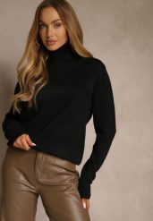 Czarny Casualowy Golf z Bawełną i Wełną Reillisa. Czarne golfy damskie Renee, bez wzorów, z bawełny, bez ramiączek. Za 69.99 zł.