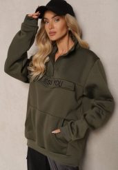 Ciemnozielona Bluza Ozdobiona Napisem Suwakiem i Kieszonką w Stylu Kangurka Zilviana. Zielone bluzy damskie Renee, l, bez wzorów, z jeansu, bez kaptura. Za 74.99 zł.
