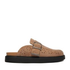 Klapki Guess Jeans. Brązowe klapki damskie Guess Jeans, z aplikacjami, z jeansu, bez obcasa, bez zapięcia. Za 279.99 zł.