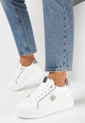 Biało-Srebrne Sneakersy na Platformie z Brokatowymi Wstawkami Zicoia. Białe obuwie sportowe damskie Born2be, bez zapięcia. Za 99.99 zł.