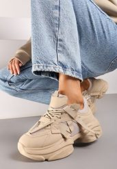 Ciemnobeżowe Sneakersy na Grubej Podeszwie z Ozdobnymi Sznurówkami Moraza. Brązowe obuwie sportowe damskie Born2be, z jeansu, bez zapięcia. Za 89.99 zł.