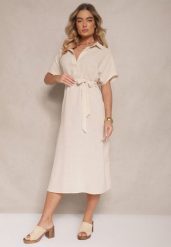 Beżowa Wiskozowa Sukienka Koszulowa z Wiązanym Paskiem w Talii Vanisti. Brązowe sukienki damskie Renee, bez wzorów, z wiskozy, eleganckie, bez ramiączek. W wyprzedaży za 63.99 zł.