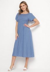 Niebieska Sukienka z Bawełny o Rozkloszowanym Kroju w Kropeczki Lisadrisa. Niebieskie sukienki damskie Born2be, bez wzorów, z bawełny, eleganckie, bez ramiączek. Za 79.99 zł.