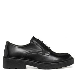 Półbuty Geox. Czarne półbuty damskie Geox, bez wzorów, bez obcasa, na płaskiej podeszwie, bez zapięcia. Za 449.99 zł.