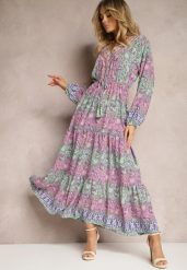 Różowa Sukienka z Dekoltem w V o Rozkloszowanym Fasonie w Print Paisley Akka. Czerwone sukienki damskie Renee, bez wzorów, z zamszu, eleganckie, bez ramiączek. W wyprzedaży za 59.99 zł.