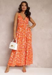 Pomarańczowa Sukienka Maxi na Regulowanych Ramiączkach z Abstrakcyjnym Wzorem Jerela. Brązowe sukienki damskie Renee, bez wzorów, z tkaniny, boho, bez ramiączek. W wyprzedaży za 143.99 zł.