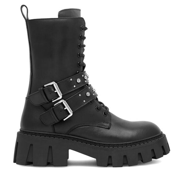 Botki Eva Minge. Czarne botki damskie Eva Minge, bez obcasa, na słupku, bez zapięcia. Za 599.99 zł.