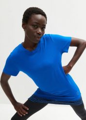 T-shirt sportowy, w optyce 2 w 1. Niebieskie koszulki sportowe damskie bonprix, bez wzorów, z wiskozy, bez ramiączek. Za 74.99 zł.