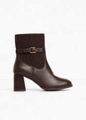 Botki ze wstawkami z tkaniny. Brązowe botki damskie bonprix, z tkaniny, bez obcasa, bez zapięcia. Za 189.99 zł.