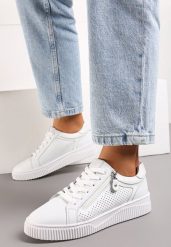 Białe Sneakersy Skórzane z Ozdobnym Suwakiem i Perforacją Breena. Białe obuwie sportowe damskie Born2be, na wiosnę, z jeansu, bez zapięcia. Za 159.99 zł.