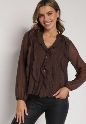 Brązowa Bluzka Koszulowa z Dekoltem w Serek Zdobiona Falbankami Nailiphis. Brązowe bluzki damskie Born2be, l, z aplikacjami, z jeansu, biznesowe, bez kołnierzyka, bez ramiączek. Za 99.99 zł.