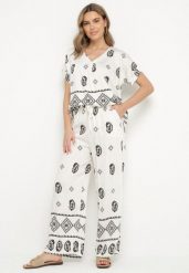 Czarno-Biały Bawełniany Komplet Koszula i Szerokie Spodnie w Stylu Boho Ollirive. Białe koszule damskie Born2be, na lato, l, z aplikacjami, z bawełny, boho, bez kołnierzyka, bez ramiączek. Za 64.99 zł.
