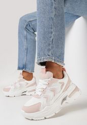 Biało-Różowe Sneakersy na Grubej Podeszwie z Metalicznym Zdobieniem Teda. Białe obuwie sportowe damskie Born2be, bez zapięcia. Za 99.99 zł.