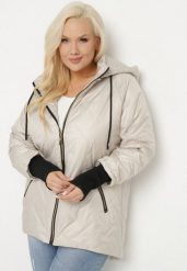 Jasnobeżowa Kurtka Pikowana z Odpinanym Kapturem z Dłuższym Tyłem Rivselia. Szare kurtki damskie Born2be, xl, bez wzorów, z materiału. Za 179.99 zł.