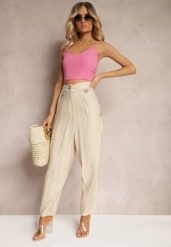 Beżowe Spodnie Typu High Waist Ozdobione Cyrkoniami Sajara. Brązowe spodnie materiałowe damskie Renee, bez wzorów, z jeansu. Za 109.99 zł.