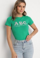 Ciemnozielony T-shirt Bawełniany z Naszywką i Cekinami Olisaria. Zielone t-shirty damskie Born2be, m, z aplikacjami, z bawełny, bez kołnierzyka. Za 34.99 zł.
