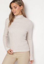 Beżowy Elastyczny Golf Ozdobiony Metaliczną Nitką Kirinna. Brązowe golfy damskie Born2be, m, bez wzorów, bez ramiączek. Za 54.99 zł.