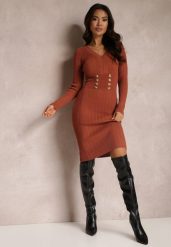 Jasnobrązowa Sukienka Dzianinowa Iso. Brązowe sukienki damskie Renee, bez wzorów, z dzianiny, eleganckie, bez ramiączek. W wyprzedaży za 119.99 zł.
