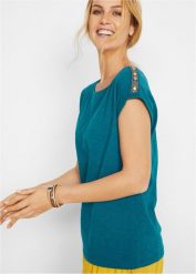 T-shirt z czystej bawełny organicznej. Niebieskie t-shirty damskie bonprix, m, bez wzorów, z bawełny, bez kołnierzyka. Za 39.99 zł.