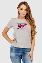 GUESS Szary t-shirt damski iconic. Szare t-shirty damskie Guess, s, z aplikacjami, z bawełny, bez kołnierzyka. W wyprzedaży za 109.99 zł.