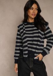 Granatowy Kardigan z Dodatkiem Wełny Zdobiony Wzorem w Paski i Narzutką Fedira. Niebieskie kardigany damskie Renee, z aplikacjami, z jeansu. Za 119.99 zł.