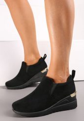 Czarne Sneakersy z Elastyczną Cholewką na Ozdobnym Koturnie Poffis. Czarne obuwie sportowe damskie Renee, z jeansu, bez zapięcia. Za 109.99 zł.
