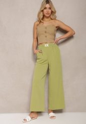 Jasnozielone Spodnie z Szerokimi Nogawkami w Stylu Palazzo High Waist z Gumką w Pasie z Ozdobnym Elementem Ellsiana. Zielone spodnie materiałowe damskie Renee, bez wzorów, z bawełny. Za 44.99 zł.