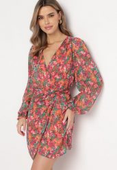 Różowo-Pomarańczowa Kopertowa Sukienka Mini w Kwiatki Oheldia. Czerwone sukienki damskie Born2be, bez wzorów, bez ramiączek. W wyprzedaży za 135.99 zł.