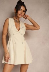 Beżowa Sukienka o Rozkloszowanym Kroju z Guzikami Tallisca. Brązowe sukienki damskie Renee, bez wzorów, eleganckie, bez ramiączek. W wyprzedaży za 107.99 zł.