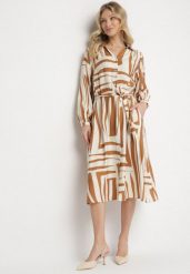 Beżowa Sukienka Koszulowa z Wiskozą w Geometryczny Wzór Wiązana w Talii Ninalora. Brązowe sukienki damskie Born2be, bez wzorów, z wiskozy, eleganckie, bez ramiączek. W wyprzedaży za 127.49 zł.