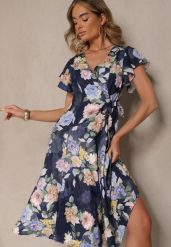 Niebieska Kopertowa Sukienka w Kwiaty Atesalia. Niebieskie sukienki damskie Renee, bez wzorów, eleganckie, bez ramiączek. W wyprzedaży za 91.99 zł.