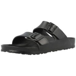 Klapki damskie Birkenstock Arizona W Eva. Czarne klapki damskie Birkenstock, bez wzorów, z materiału, bez obcasa, bez zapięcia. Za 189.00 zł.