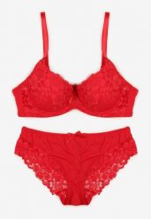 Czerwony Koronkowy Komplet Majtki Figi i Biustonosz Eziselle. Czerwone komplety bielizny Renee, bez wzorów, z jeansu. Za 39.99 zł.