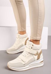 Beżowe Sneakersy na Koturnie z Metalicznymi Wstawkami i Sztucznym Futerkiem Lerilanes. Brązowe obuwie sportowe damskie Renee, z materiału, bez zapięcia. Za 119.99 zł.