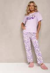 Fioletowy Komplet Piżamowy T-shirt z Nadrukiem i Proste Spodnie w Cętki i Szorty Nirelsa. Fioletowe komplety bielizny Renee, bez wzorów, bez ramiączek. Za 54.99 zł.